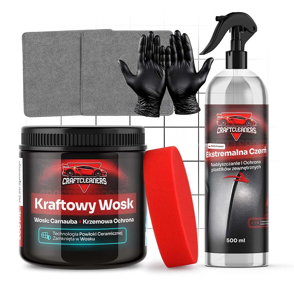 Zestaw 4 elementowy - Połysk i Ochrona dla Każdego Samochodu (Kraftowy Wosk + Ekstremalna Czerń)